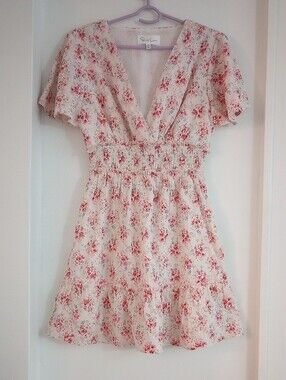 Sweet Lemon Floral Smocked Dress Cottagecore Eyelet Cream Pink Size S